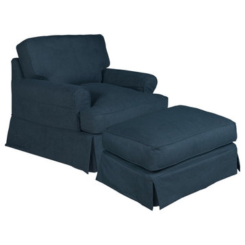Horizon Slipcovered T-Cushion Chair with Ottoman|Performance Fabric|Navy Blue