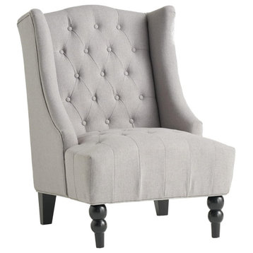 Midcentury Accent Chair, Linen Fabric Upholstery With Tufted Wingback, Grey