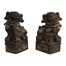 Pair Chinese Handcarved Vintage Wood Fengshui Foo Dog Figures - Decorative Objects And Figurines