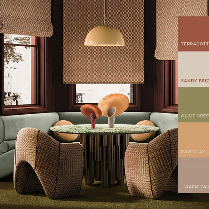 This image presents a warm, earthy interior setting that perfectly reflects the 2026 interior colour palette inspired by nature and texture.