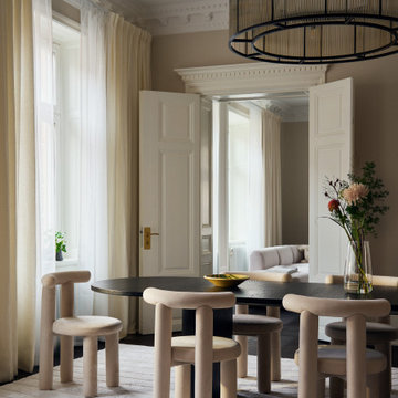 Omfattande design och renovering av lägenhet med hall, kök, matsal, vardagsrum