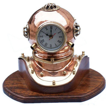 Copper Divers Helmet Clock Diving Helmet Beach Style Decor, Antique, 12"
