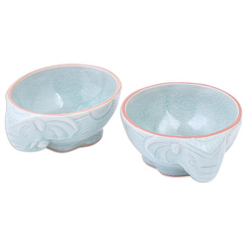 Novica Handmade Elephant Companion In Aqua Celadon Ceramic Bowls (Pair)