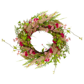 Spring Floral Foliage and Berry Twig Wreath, Pink 21"