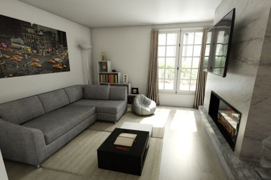 Imagen de sala de estar abierta minimalista pequeña con paredes blancas, chimenea lineal, marco de chimenea de baldosas y/o azulejos, televisor colgado en la pared y suelo gris