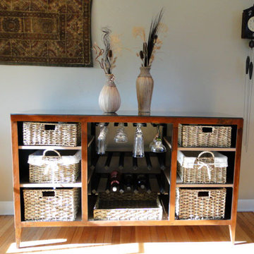 steel buffet table with patina and walnut shelves