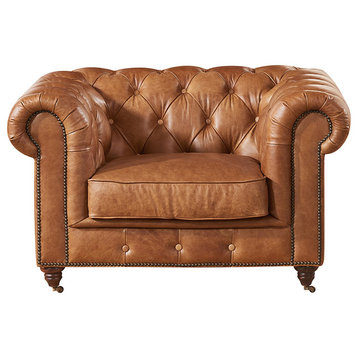 Leather Chesterfield Arm Chair, Light Brown