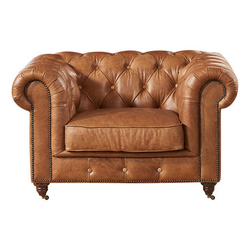 Leather Chesterfield Arm Chair, Light Brown