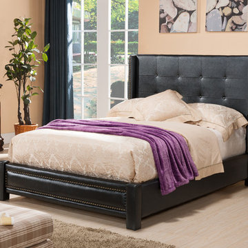 Black Faux Leather Tufted Upholstered Platform Slat Bed (Wood Frame)