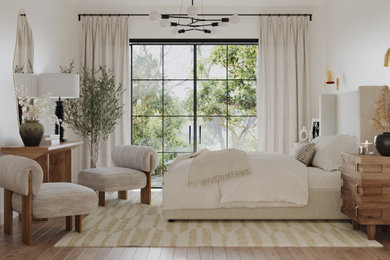 Foto de dormitorio principal minimalista de tamaño medio con paredes blancas, suelo de madera clara y suelo marrón