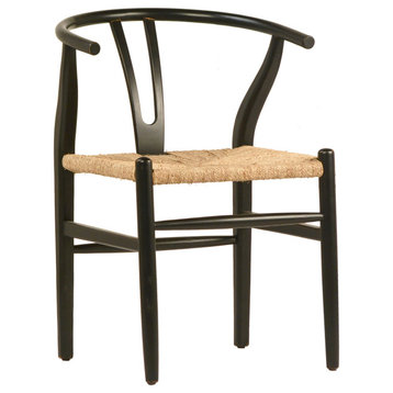 Moya Oak and Natural Woven Wicker Wishbone Back Dining Chair, Antique Black