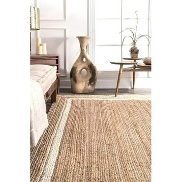 Farmhouse Area Rug, Natural Pure Jute With White Boundary Accents, 4' X 10'