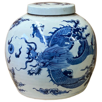 Chinese Blue & White Dragon Graphic Porcelain Ginger Jar Hws1238