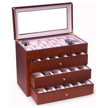 Cherry Wood 48 Watch Box, Glass Top and Drawer, Velour Lining and Pillows