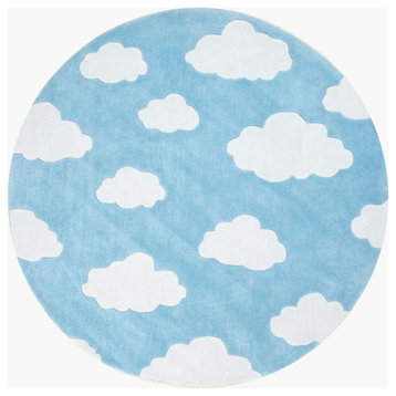 Handmade Modern Clouds Kids Rug, Blue, 5' Round
