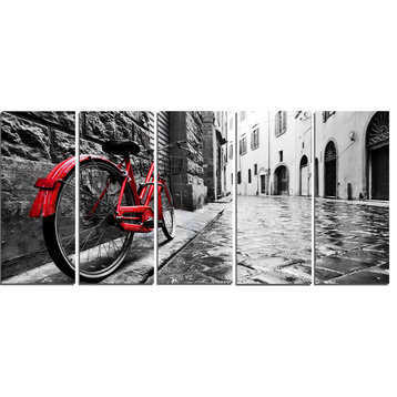 "Retro Vintage Red Bike" Cityscape Photo Metal Wall Art, 5 Panels, 60"x28"
