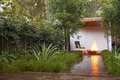 This is an example of a mid-sized modern backyard full sun formal garden in Sydney with a fire feature and decking.