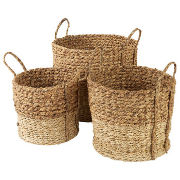 Morocco Brown Hyacinth & Cornhusk Round Baskets w/Handles (Set of 3)