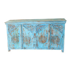 Consigned Jaipur Blue Distressed Rustic Arched Door Sideboard Indian Console