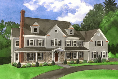 Watercolor of new construction rendering "Wilton Colonial"