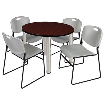 Kee 42" Round Breakroom Table, Mahogany/Chrome and 4 Zeng Stack Chairs, Gray