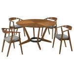 Armen Living - Santana 5-Piece Round Walnut Wood Dining Table Set With Charcoal Fabric - Host like a pro with the Santana 5-piece Round Wood Dining Set from Armen Living. Perched upon a sculptural base with beautifully crafted splayed legs, our modern round dining table serves as an elegant focal point for any room. It plays around with the angles of wooden grains to achieve a rich and eye-catching tabletop. Our versatile and mid-century modern dining set can effortlessly complement a variety of different styles. Its space-friendly proportions make it a perfect fit for eat-in kitchens and dining rooms. This dining set includes 1 dining table and 4 dining chairs. The round shape of our dining table makes it a natural hub for conversations and spending leisurely time. The 54 diameter tabletop easily allows seating for up to 6. The dining chairs feature a curved and hugging back to support you in just the right places. Completed with slender angular legs, the chairs make a stunning statement. The dining chairs deliver an airy silhouette vouching for hours of comfortable sitting. With an upholstered and padded seat, these dining chairs offer as much comfort as they do style. The Santana Dining Set is available in a walnut finish with your choice of charcoal, blue, or orange upholstery or a black finish with charcoal upholstery.