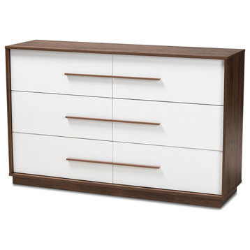Mid-Century Modern White and Walnut Finished 6-Drawer Wood Dresser