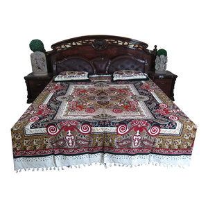 Mogul Interior - 3pc Indian Inspired Bedding Cotton Paisley Bedroom Decor Red Black - Blankets