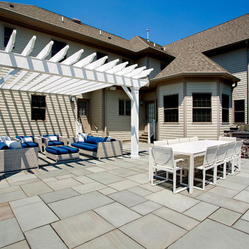Warren, NJ Beautiful transformation - Blue stone patio with pergola and fire pit