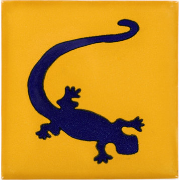 Handmade Tierra y Fuego Ceramic Tile, Blue Gecko in Yellow, Set of 9