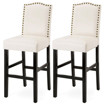 45"H Leatherette Barchair With Studded Decoration Back, Set of 2, Cream White