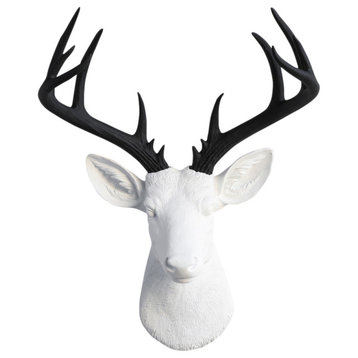 Faux Deer Head Wall Mount 14 Point Stag Head Antlers, White and Black