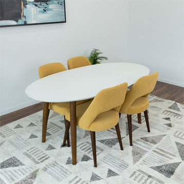 Kennedy 5-Piece Mid-Century Oval Dining Set w/ 4 Fabric Dining Chairs in Yellow
