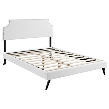 Corene Queen Platform Bed with Round Splayed Legs, White Vinyl Upholstery