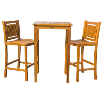 3-Piece Teak Wood Maldives Small Patio Bistro Bar Set With 27" Square Bar Table