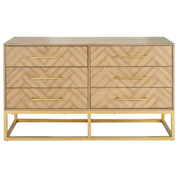 Contemporary Dresser, Geometric Metal Legs With 6 Storage Drawers, Rustic Oak