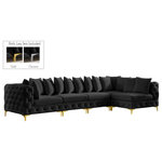 Meridian Furniture - Tremblay Modular Sectional, Black, L-Shaped, 5-Piece: Armless (3), Corner (2) - Lean back and relax on this Tremblay sectional. Featuring soft black velvet upholstery with deep button tufting, this sectional adds a bold touch to any living space. A complete set of gold and chrome legs are included, so you can change it up to suit your home decor. This sectional is modular, so you can create infinite configurations with it, which are easily attached using the latch underneath the frame. Its contemporary design is perfect for the modern home.