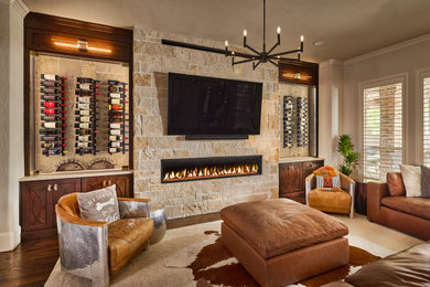 Inspiration for a large transitional open concept dark wood floor family room remodel in Dallas with a standard fireplace, a stone fireplace and a wall-mounted tv