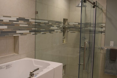 Example of a large transitional master beige tile and ceramic tile ceramic tile and beige floor bathroom design in Other with a hot tub and blue walls