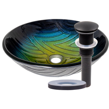 Miscela Hand Painted Ombré Navy to Yellow Glass Bathroom Vessel Sink with Drain, Oil Rubbed Bronze