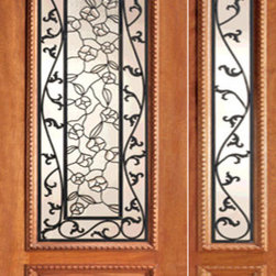 Floral Scrollwork Ironwork Glass, Mahogany Prehung Door One Sidelite - Front Doors