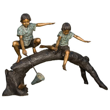 2 Kids Catching Fish on a Branch Sculpture