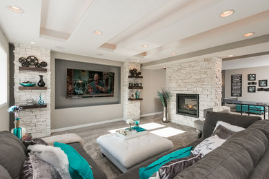 Inspiration for a mid-sized transitional look-out carpeted and beige floor basement remodel in Minneapolis with beige walls and a stone fireplace