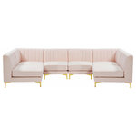 Meridian Furniture - Alina Velvet Modular U-Shaped Sectional, Pink, 6-Piece: 4 Armless Chair, 2 Corner Chair - Bring modern beauty to your space with the addition of this Alina Velvet Modular sectional. This beautiful sectional features deep channel tufting to ramp up its visual interest and add to its resilient demeanor. Its soft Pink velvet upholstery blends nicely with existing elements in your room and is sleek to the touch, making this seat a super comfortable one. Part of the modular Alina collection, this sectional has a latch that attaches it to other pieces to create your custom seating arrangement.
