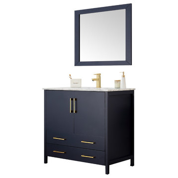 Solid Wood Lacquer Vanity With Mirror & Gold Handles, 36"