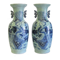 Chinese Deep Blue & White Porcelain Foo Dog Flowers Vase - Vases