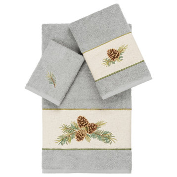 Linum Home Turkish Cotton Pierre 3-Piece Embellished Towel Set, Light Gray