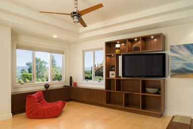 Mid-sized trendy master light wood floor and beige floor bedroom photo in San Francisco with white walls