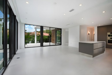 Example of a large minimalist kitchen/dining room combo design in Miami with white walls