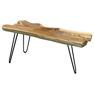 Rustic Coffee Table, Black Painted Metal Legs With Unique Cut of Teak Wooden Top